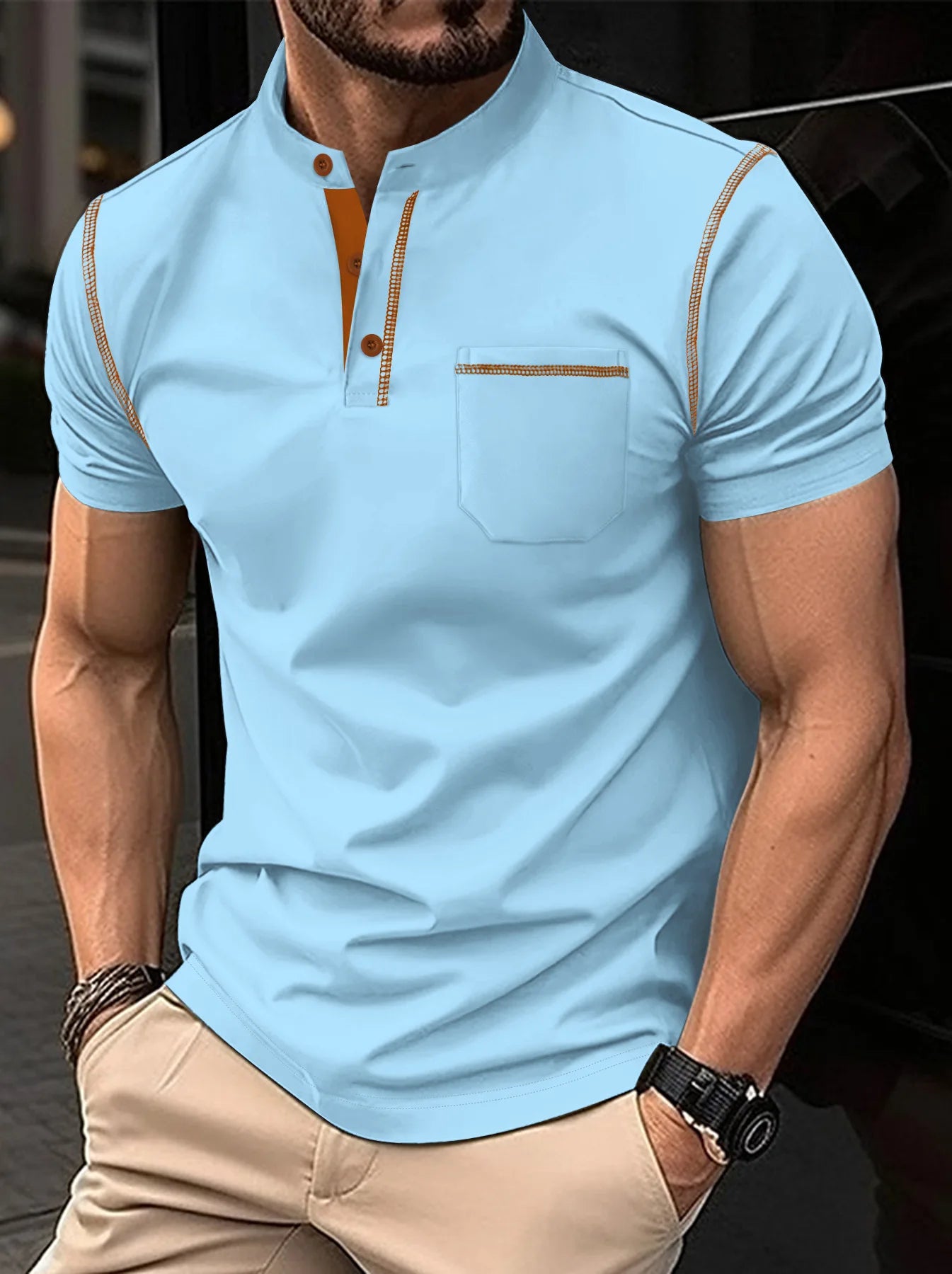 Summer New Men Henry collar  POLO shirt